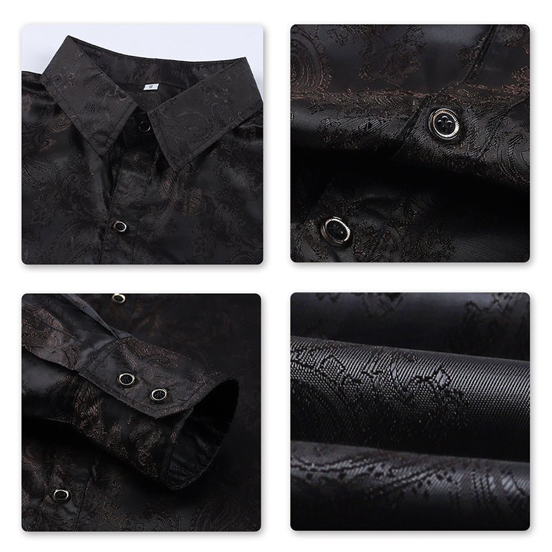 YFFUSHI Slim Fit Embroidered Paisley Shirt Black