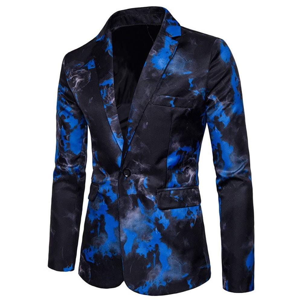 YFFUSHI Mens Slim Fit Flame Printed Blazer Blue