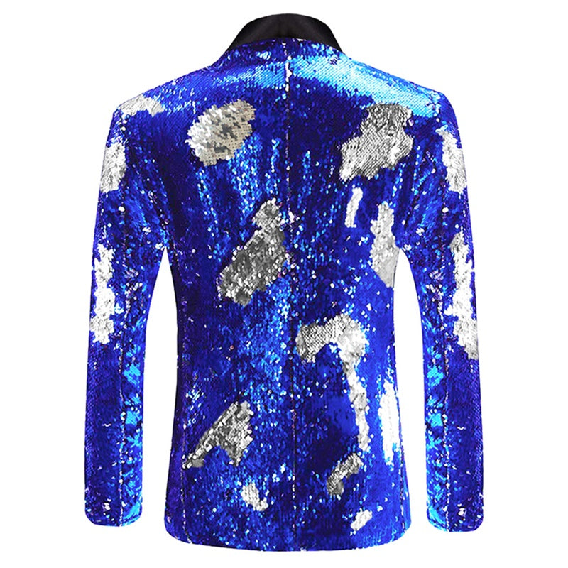 Mens Buttonless Reversible Sequins Blue & Silver Blazer With Black Satin Collar