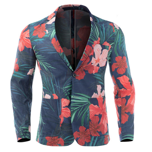 YFFUSHI Mens Red Flower Green Leaves Printed Slim Fit Casual Blazer Green