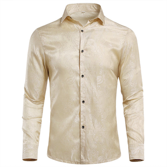 YFFUSHI Slim Fit Embroidered Paisley Shirt Beige