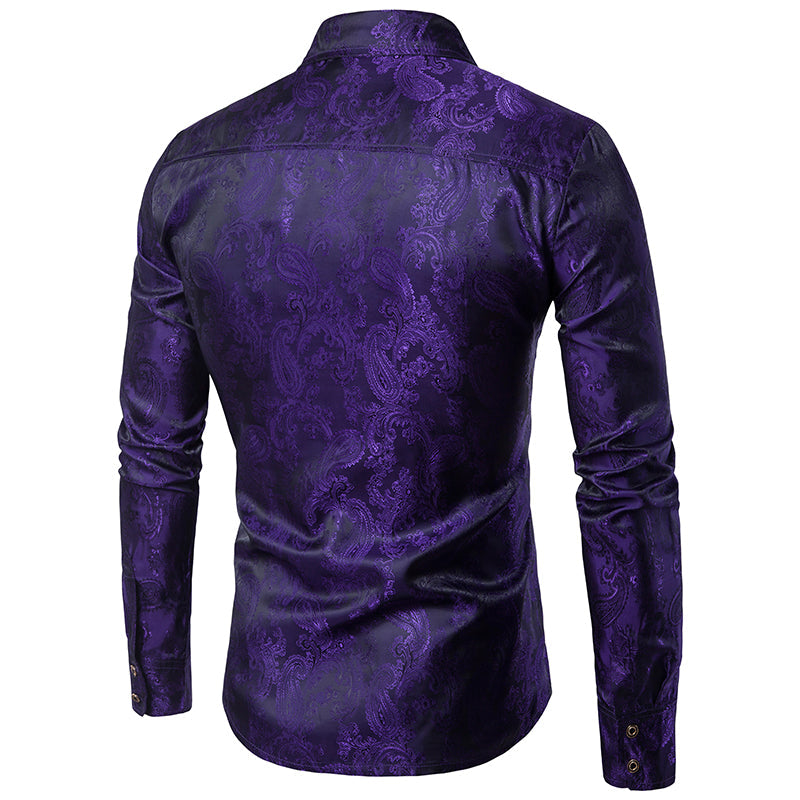 YFFUSHI Slim Fit Embroidered Paisley Shirt Purple