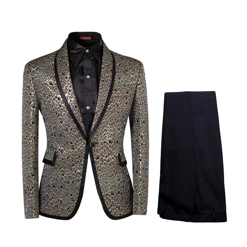 YFFUSHI Mens 2-Piece Slim Fit Fish Scales Sequin Suit Gold