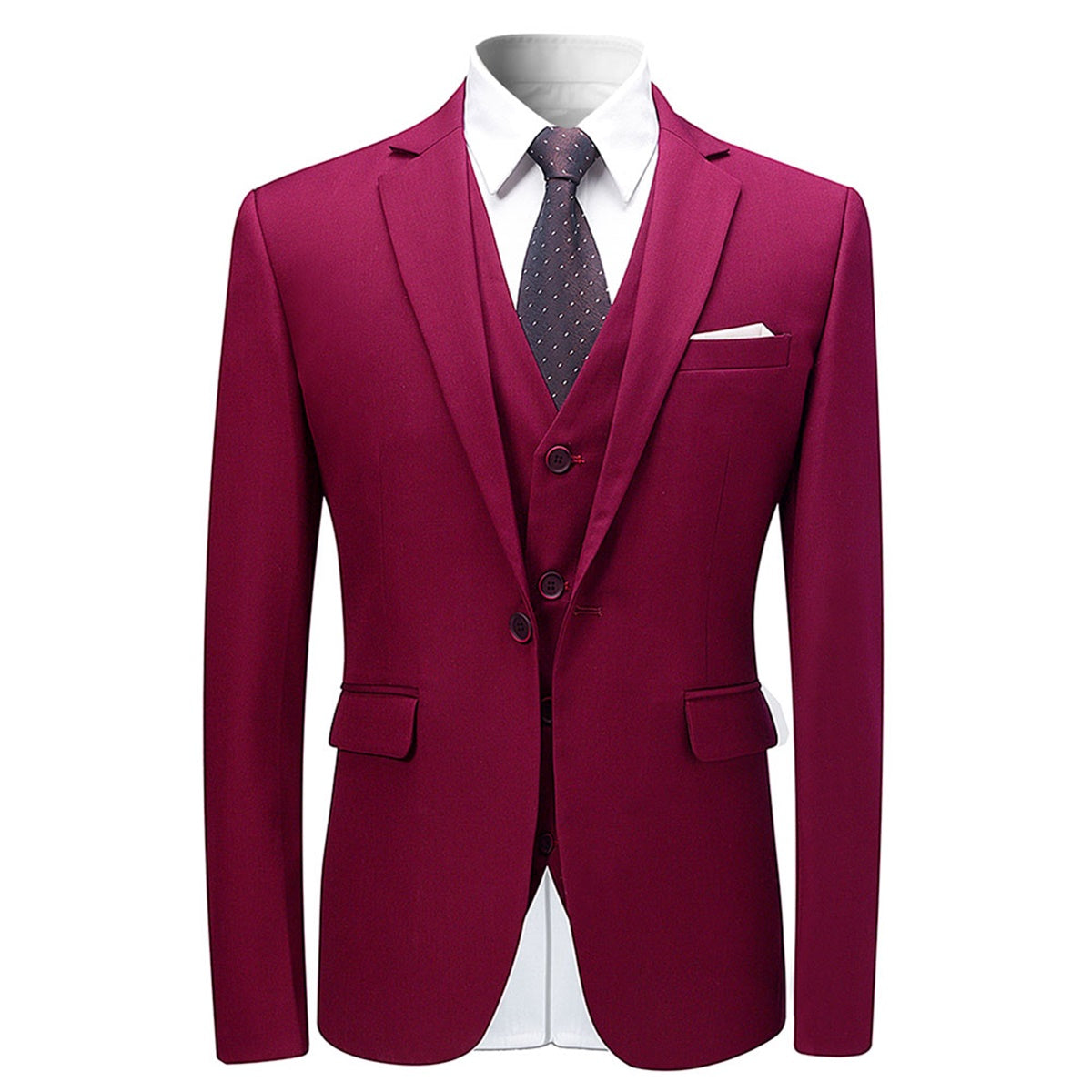 YFFUSHI Mens Slim Fit Classic Fit One Button 3-Piece Suits Wine Red