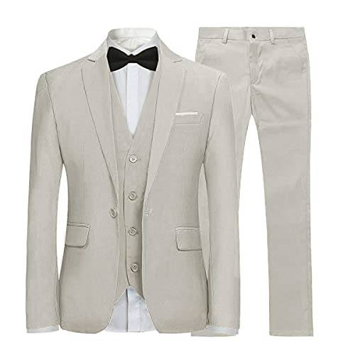 YFFUSHI Men's Slim Fit 3 Piece Suit One Button Suits Blazer Tux Vest & Trousers Beige