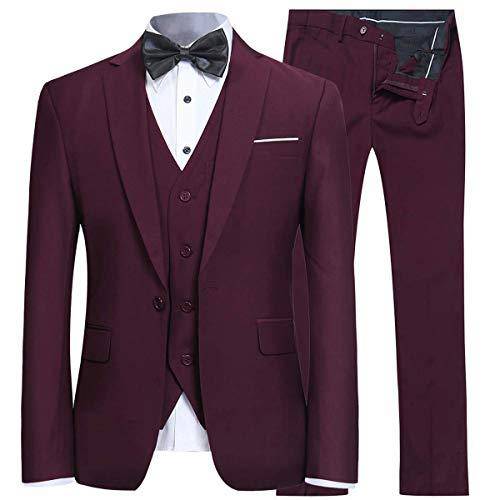 YFFUSHI Men's Slim Fit 3 Piece Suit One Button Suits Blazer Tux Vest & Trousers Dark Red