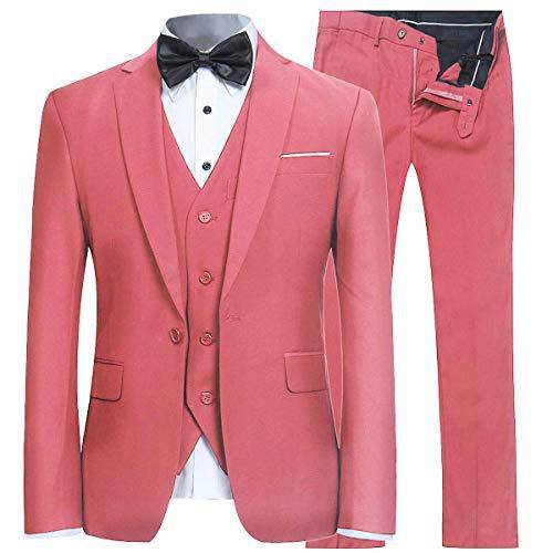 YFFUSHI Men's Slim Fit 3 Piece Suit One Button Suits Blazer Tux Vest & Trousers Pink