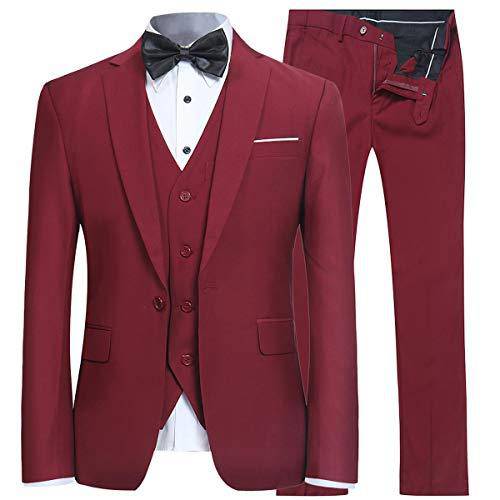 YFFUSHI Men's Slim Fit 3 Piece Suit One Button Suits Blazer Tux Vest & Trousers Red Wine