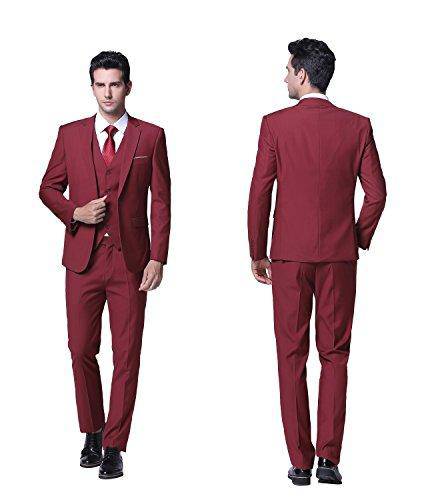 YFFUSHI Men's Slim Fit 3 Piece Suit One Button Suits Blazer Tux Vest & Trousers Red Wine