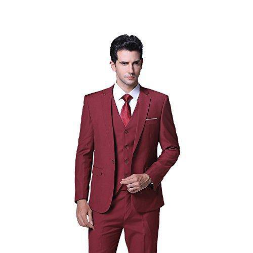 YFFUSHI Men's Slim Fit 3 Piece Suit One Button Suits Blazer Tux Vest & Trousers Red Wine