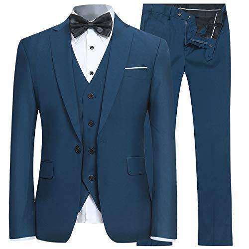 YFFUSHI Men's Slim Fit 3 Piece Suit One Button Suits Blazer Tux Vest & Trousers Teal Blue